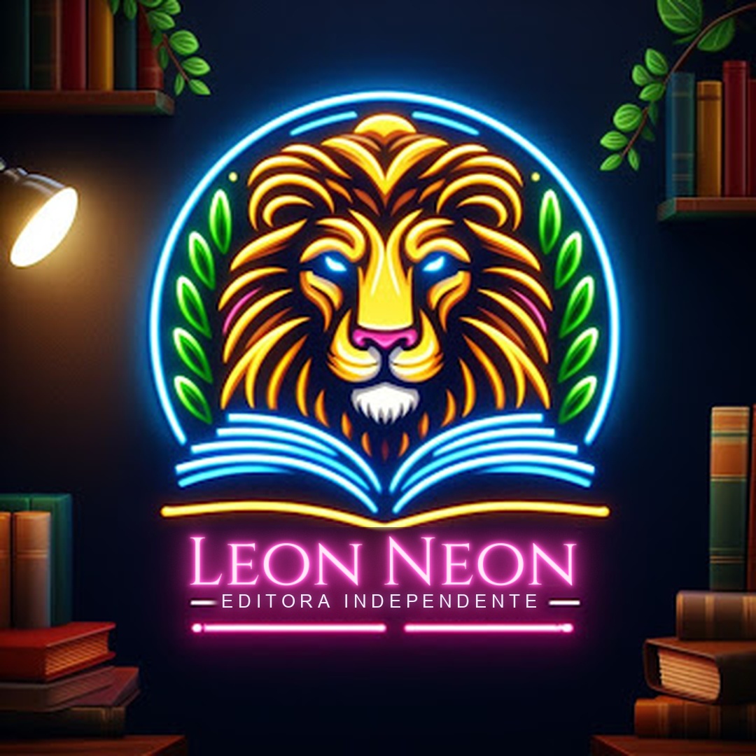 Placa neon da Leon Neon Literary Services com um leão sobre um livro aberto